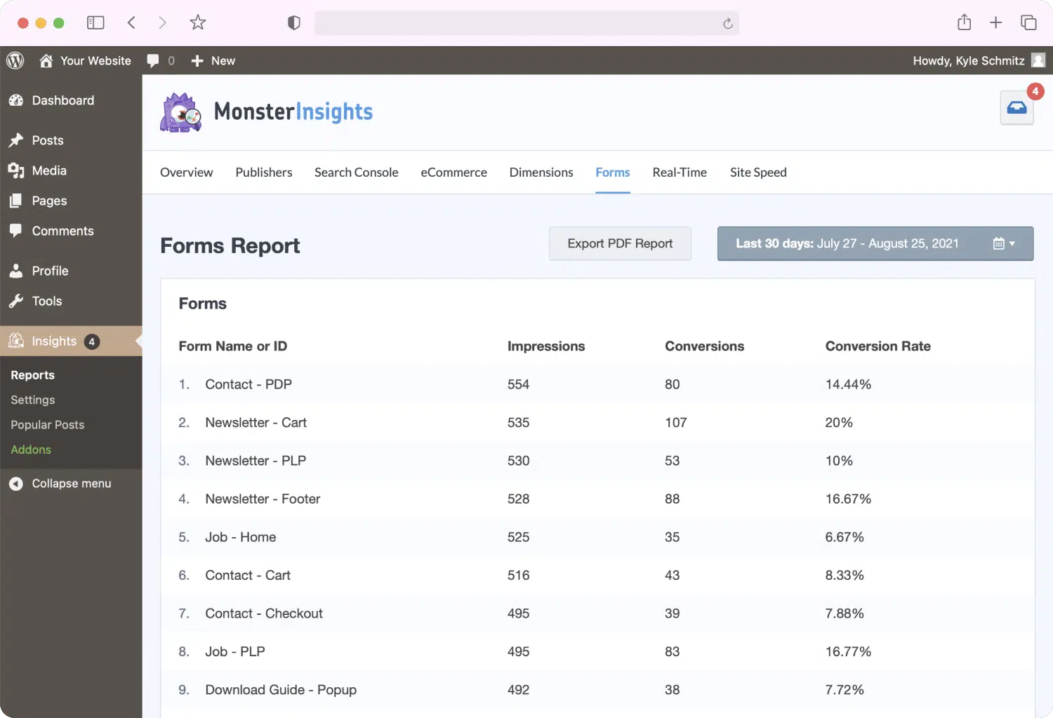 Monster Insights Dashboard